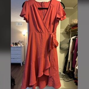 Coral Wrap Dress with Flowy Cap Sleeves - Altar'd State